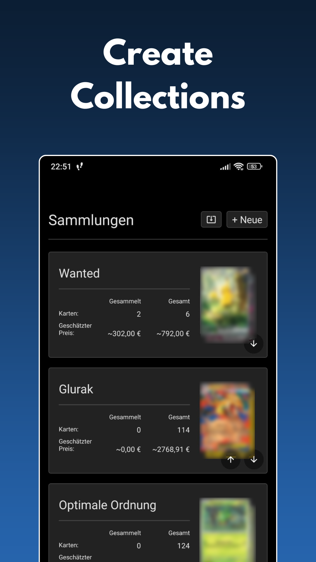 App-Screenshot: Übersicht einer digitalen Pokémon-Kartensammlung