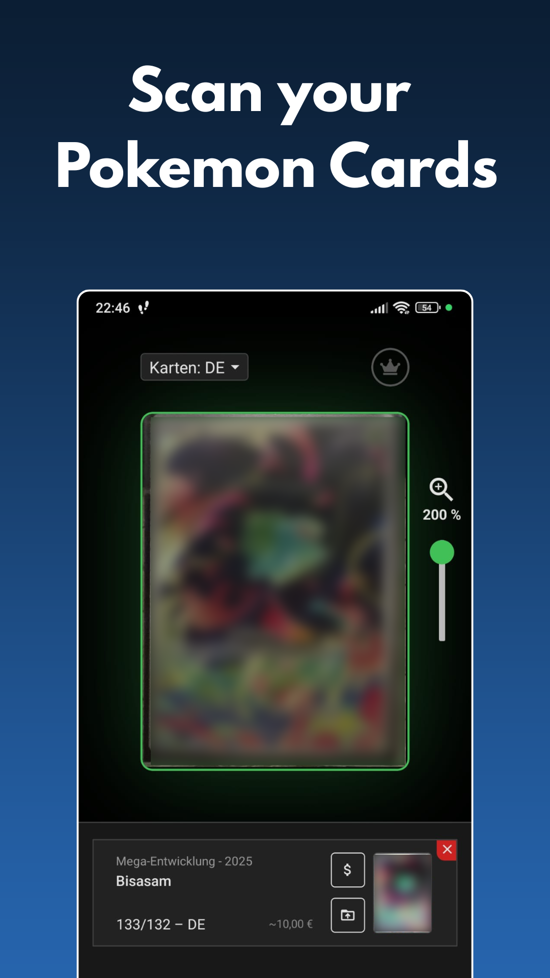App-Screenshot: Echtzeit-Scanner erkennt eine Pokémon-Karte via Kamera