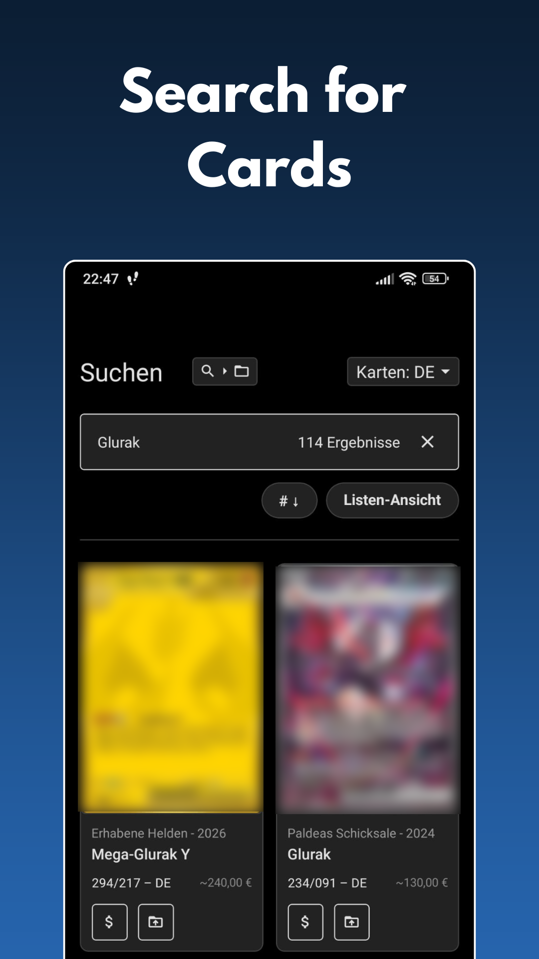 App-Screenshot: Suchfunktion zeigt Ergebnisse für Pokémon-Karten