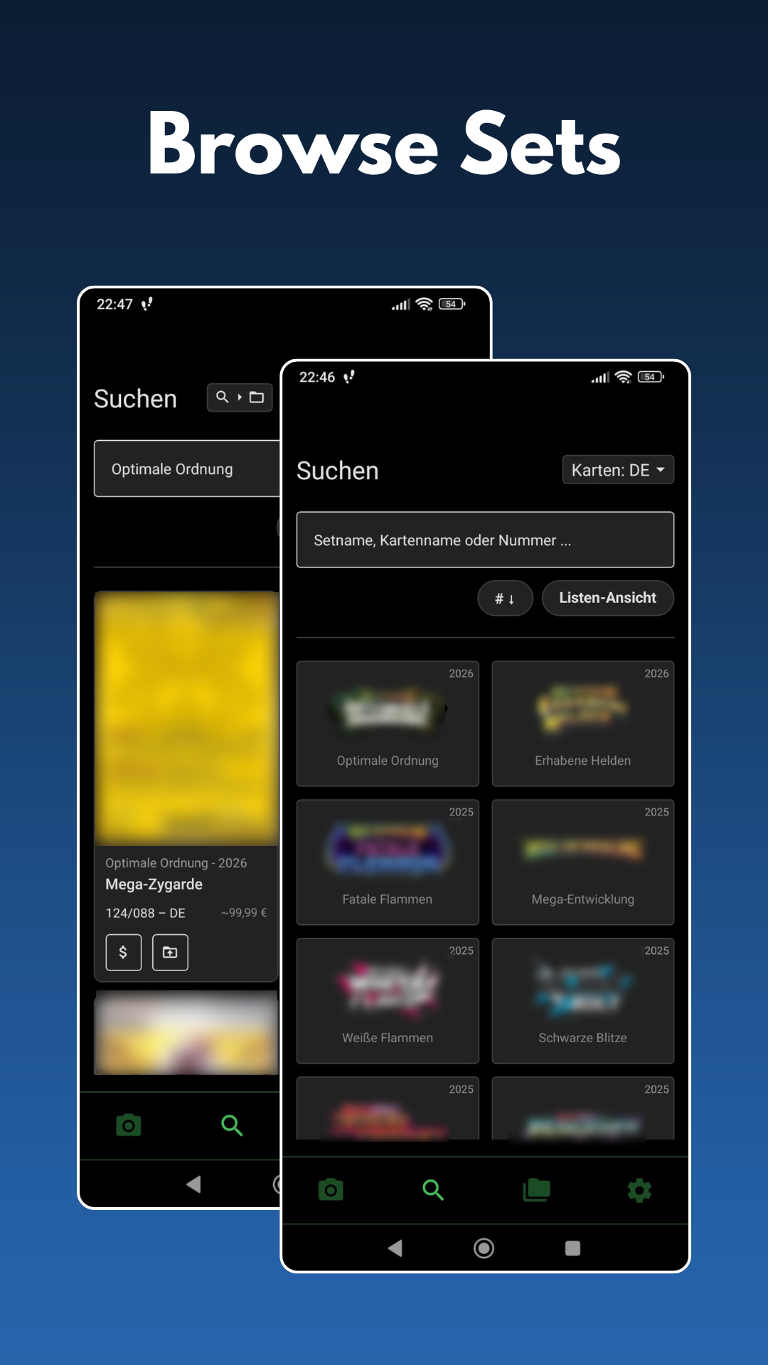 App-Screenshot: Suche nach Pokémon-Kartensets